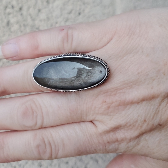 New Silver Sheen Obsidian 925 Silver Statement Ring. - Picture 4 of 13